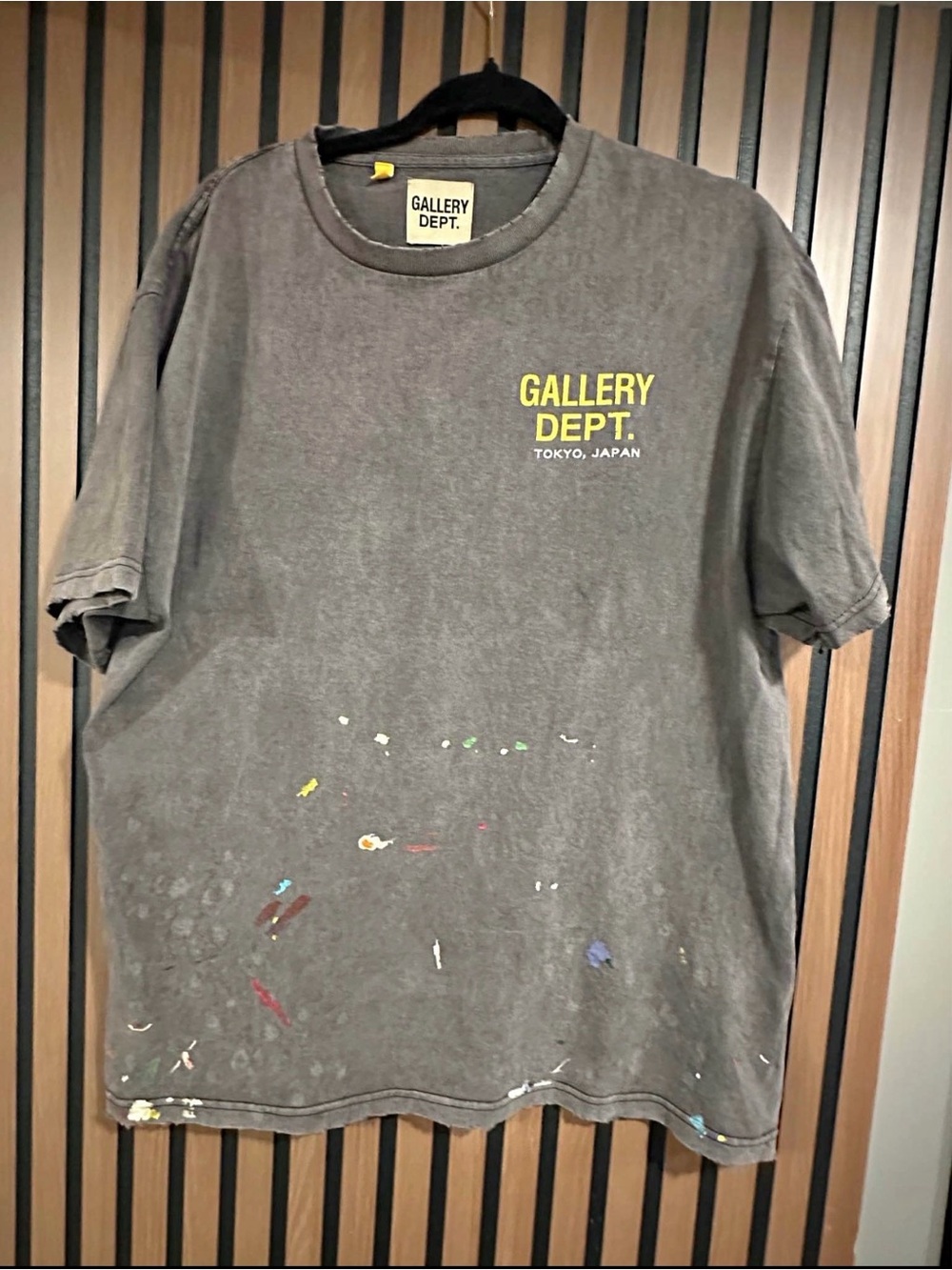 Gallery Dept. Washed Black Tee with Yellow Logo and Paint Splatters